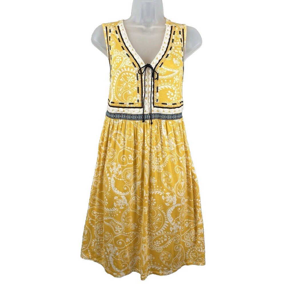 Cupio Babydoll Sleeveless Summer Dress Womens S Boho Paisley Lace Aztec Trim